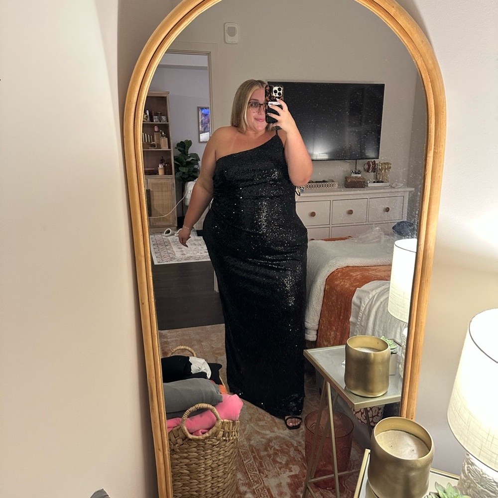 Revelry black sequin bridesmaids gown